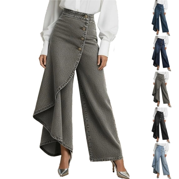 Smsaxvxz Women's Summer Jean Pants Fashion Casual Button Decoration Trousers Gray L
