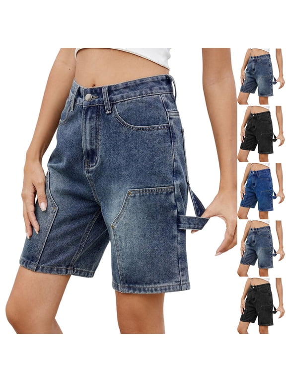 Women's Summer Jean Shorts Fashion Casual Wide Leg Bermuda Jeans Jorts with Pockets Blue S