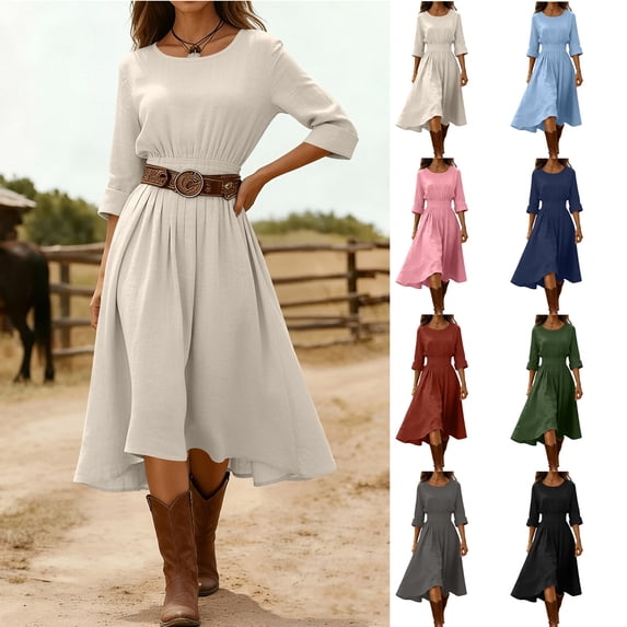 Smsaxvxz Women's Summer Maxi Dresses Fashion Solid Crew Neck Long Sleeve A-Line Casual Loose T-Shirt Dress Beach Sundress 2026 Beige M