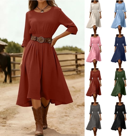 Smsaxvxz Women's Summer Maxi Dresses Fashion Solid Crew Neck Long Sleeve A-Line Casual Loose T-Shirt Dress Beach Sundress 2026 Orange M