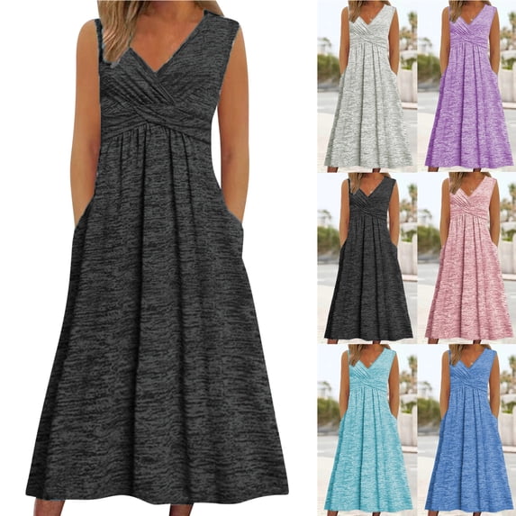 Smsaxvxz Women's Summer Maxi Dresses Fashion V Neck Sleeveless Casual Solid Loose Beach Vacation Long Tank Sundress Black 4XL