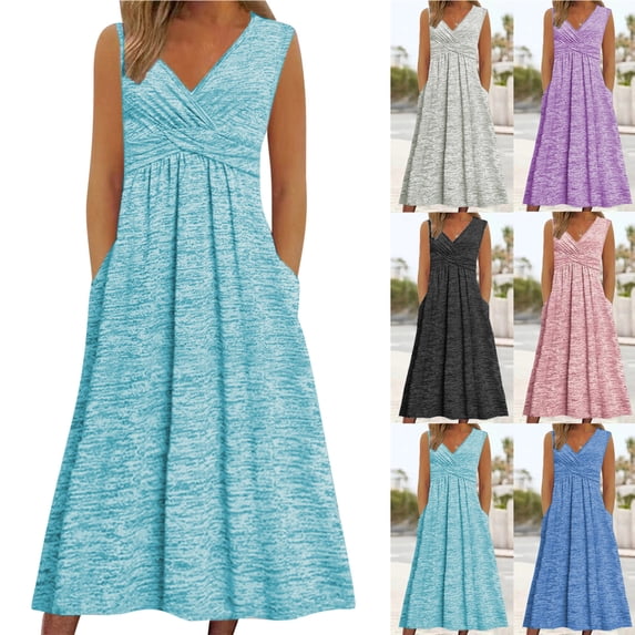 Smsaxvxz Women's Summer Maxi Dresses Fashion V Neck Sleeveless Casual Solid Loose Beach Vacation Long Tank Sundress Light Blue 2XL