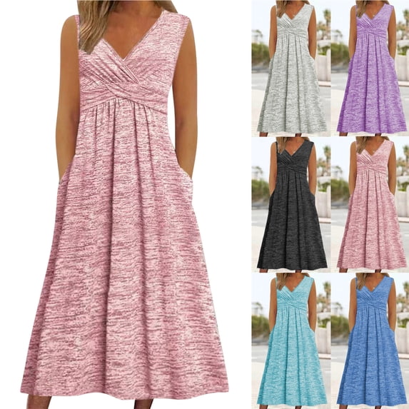 Smsaxvxz Women's Summer Maxi Dresses Fashion V Neck Sleeveless Casual Solid Loose Beach Vacation Long Tank Sundress Pink XL