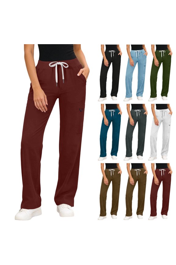 Women's Summer Pants Fashion Drawing Elastic Waist Pocketed Trousers Casual Solid Loose Sports Pants Wine L