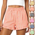 thumbnail image 1 of Smsaxvxz Women's Summer Plaid Shorts Fashion Stretchy Waist Ruffle Trim Casual Loose Beach Vacation Shorts Navy L, 1 of 6