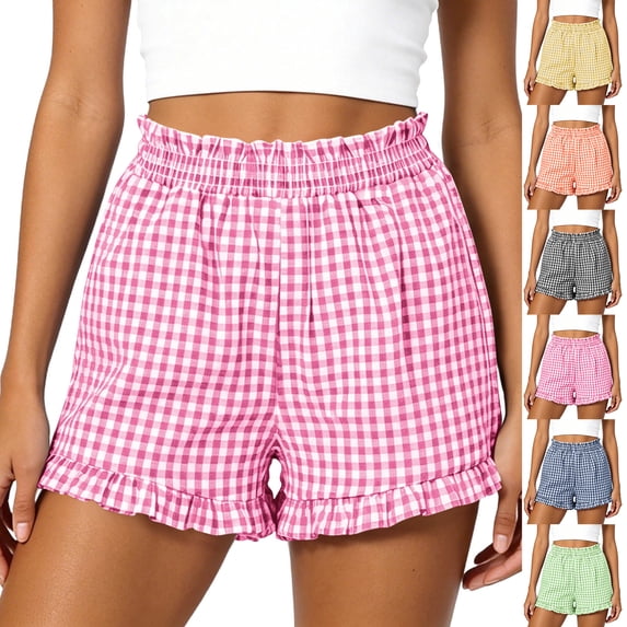 Smsaxvxz Women's Summer Plaid Shorts Fashion Stretchy Waist Ruffle Trim Casual Loose Beach Vacation Shorts Pink M