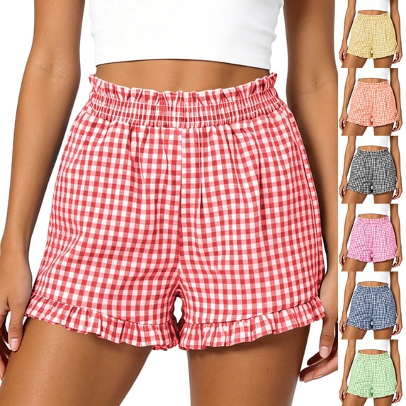 Smsaxvxz Women's Summer Plaid Shorts Fashion Stretchy Waist Ruffle Trim Casual Loose Beach Vacation Shorts Red XL