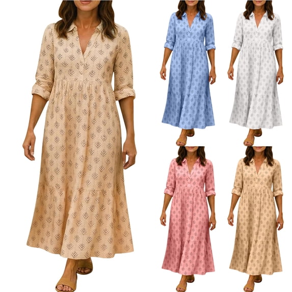 Smsaxvxz Women's Summer Plus Size Dresses Fashion Floral Printed V Neck Long Sleeve Casual Loose Beach Vacation Maxi Shirt Sundress Yellow XL