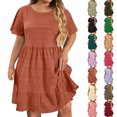 thumbnail image 1 of Smsaxvxz Women's Summer Plus Size Dresses Fashion Solid Round Neck Short Sleeve Casual Loose Ruffle Flowy Hem Mini Sundress Brown 01 4XL, 1 of 7