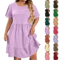thumbnail image 1 of Smsaxvxz Women's Summer Plus Size Dresses Fashion Solid Round Neck Short Sleeve Casual Loose Ruffle Flowy Hem Mini Sundress Purple 01 L, 1 of 7