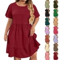 thumbnail image 1 of Smsaxvxz Women's Summer Plus Size Dresses Fashion Solid Round Neck Short Sleeve Casual Loose Ruffle Flowy Hem Mini Sundress Wine 4XL, 1 of 7