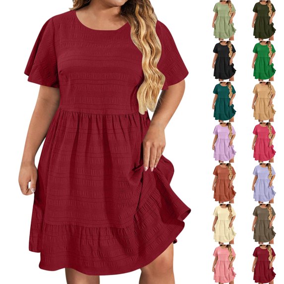 Smsaxvxz Women's Summer Plus Size Dresses Fashion Solid Round Neck Short Sleeve Casual Loose Ruffle Flowy Hem Mini Sundress Wine 4XL