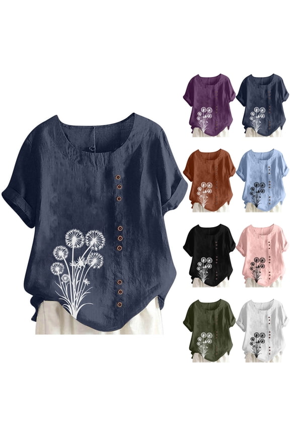 Women's Summer Plus Size Tops Fashion Round Neck Short Sleeve Floral Printed T-shirts Casual Loose Blouse Tops Navy M