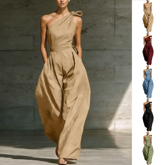 Smsaxvxz Women's Summer Rompers Fashion Solid Off-Shoulder Sleeveless Wide Leg Jumpsuit Casual Clothes Khaki S