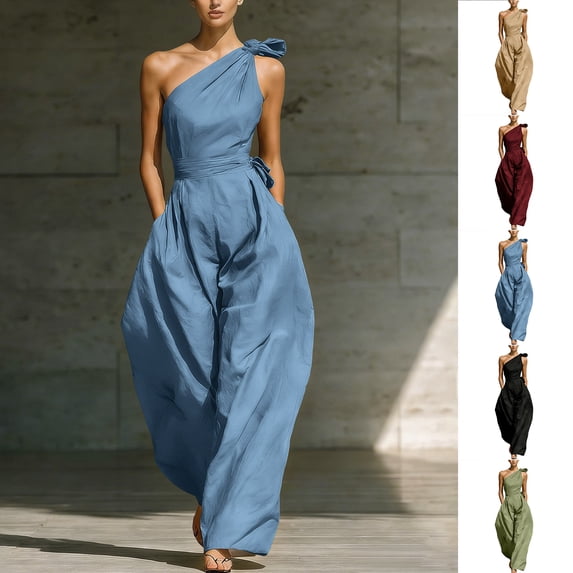 Smsaxvxz Women's Summer Rompers Fashion Solid Off-Shoulder Sleeveless Wide Leg Jumpsuit Casual Clothes Light Blue XL