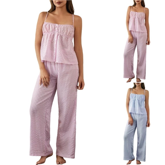Smsaxvxz Women's Summer Spaghetti Strap Pajamas Set 2 Piece Casual Button V Neck Cami Tops and Long Pants Sleepwear Set Pink S