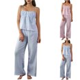 thumbnail image 1 of Smsaxvxz Women's Summer Spaghetti Strap Pajamas Set 2 Piece Casual Button V Neck Cami Tops and Long Pants Sleepwear Set Sky Blue L, 1 of 7