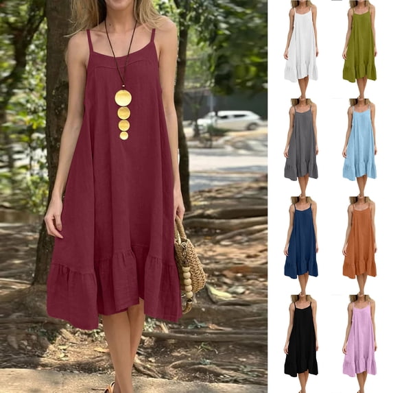 Smsaxvxz Women's Summer Strap Dresses Fashion Solid Crew Neck Sleeveless Ruffle Pleated Hem Casual Loose Midi Beach Sundress Wine XL