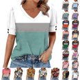 thumbnail image 1 of Smsaxvxz Women's Summer Tops Fashion Color Patchwork V Neck Button Short Sleeve Shirts Casual Loose Blouse Green XL, 1 of 6