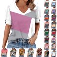 thumbnail image 1 of Smsaxvxz Women's Summer Tops Fashion Color Patchwork V Neck Button Short Sleeve Shirts Casual Loose Blouse Hot Pink 2XL, 1 of 6
