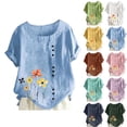 thumbnail image 1 of Smsaxvxz Women's Summer Tops Fashion Round Neck Short Sleeve Floral Printed Button T-shirts Casual Loose Blouse Tops Sky Blue L, 1 of 4