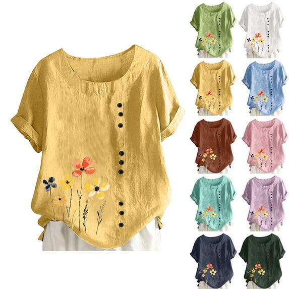 Smsaxvxz Women's Summer Tops Fashion Round Neck Short Sleeve Floral Printed Button T-shirts Casual Loose Blouse Tops Yellow S