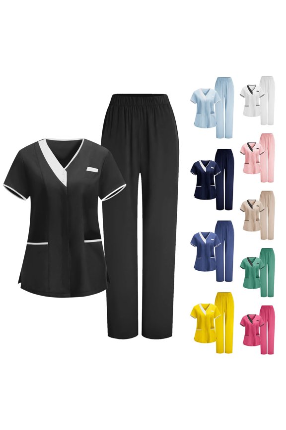 Women's V Neck Short Sleeve Medical Scrub Set Elastic Waist Nursing Uniform Workwear for Clinic Caregiver Spa Black 2XL