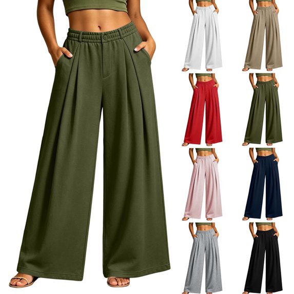 Smsaxvxz Women's Wide Leg Sweatpants Casual Solid Zipper Button Elastic Waist Work Travel Pants with Pockets Army Green L