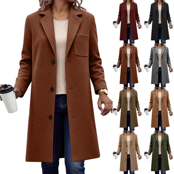 Smsaxvxz Women's Winter Casual Single Breasted Coat 2026 Fall Winter Fashion Mid Length Fleece Jacket Office Travel Overcoat Coffee M