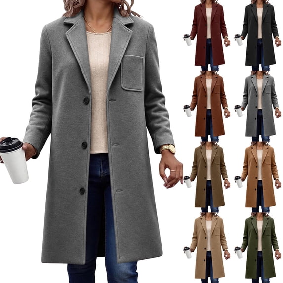 Smsaxvxz Women's Winter Casual Single Breasted Coat 2026 Fall Winter Fashion Mid Length Fleece Jacket Office Travel Overcoat Gray XL