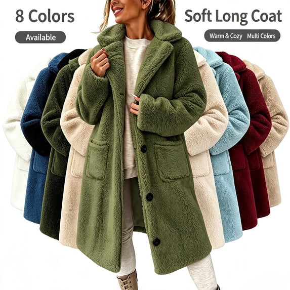Smsaxvxz Women's Winter Coat Casual Trench Fleece Long Collared Warm Jacket with Pockets Green 2XL
