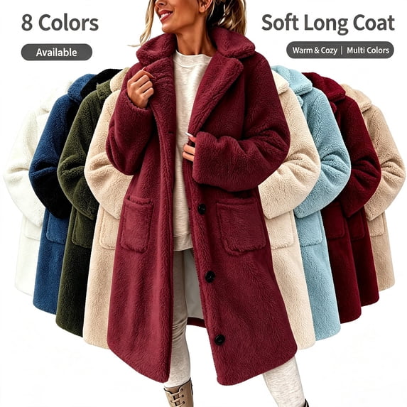 Smsaxvxz Women's Winter Coat Casual Trench Fleece Long Collared Warm Jacket with Pockets Red L