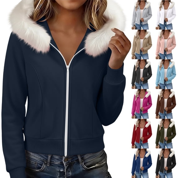 Smsaxvxz Women's Zip Up Cropped Hoodies Fall Fashion Long Sleeve Soft Loose Sweatshirts Navy L