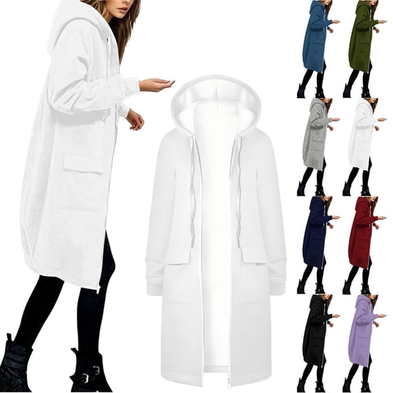 Smsaxvxz Women's Zip Up Hoodies Fall Fashion Solid Long Sleeve Sweatshirts Oversized Winter Cardigan Jacket Coat with Pocket White 2XL