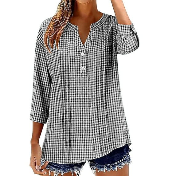Smsaxvxz Womens 3/4 Sleeve Tops Cotton Linen Button Down Shirts V Neck Pleated Casual Loose Blouses Roll Up Sleeve Shirt