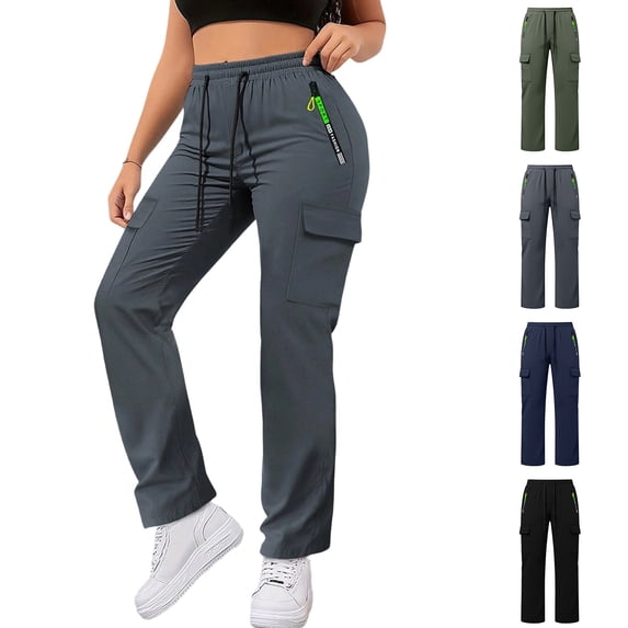 Smsaxvxz Womens Cargo Pants Casual Solid Drawstring Elastic Waist Trousers with Multi Pockets Outdoor Travel Climbing Pants Dark Gray S