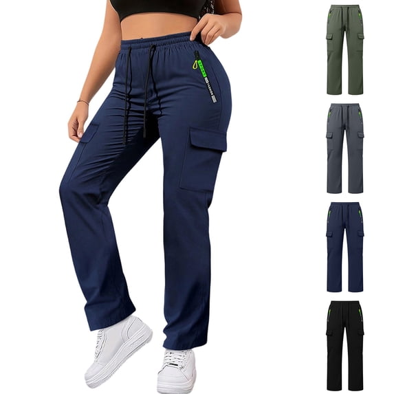 Smsaxvxz Womens Cargo Pants Casual Solid Drawstring Elastic Waist Trousers with Multi Pockets Outdoor Travel Climbing Pants Navy XL