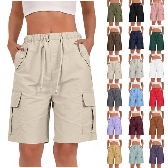 Smsaxvxz Womens Cargo Shorts Fashion Solid Drawstring Elastic Waist Casual Loose Summer Pants Beige S