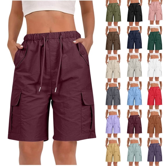 Smsaxvxz Womens Cargo Shorts Fashion Solid Drawstring Elastic Waist Casual Loose Summer Pants Wine XL
