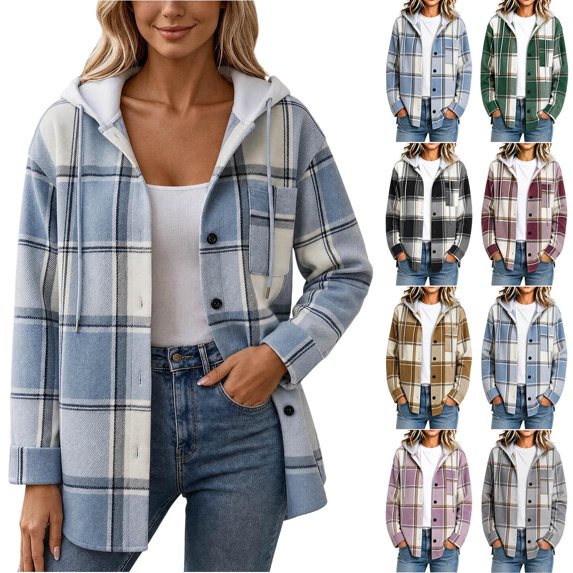 Smsaxvxz Womens Casual Jacket Lightweight Plaid Long Sleeve Hooded Fleece Button Front Closure Warm Coat with Side Pockets Daily Fall Winter Wear Light Blue L