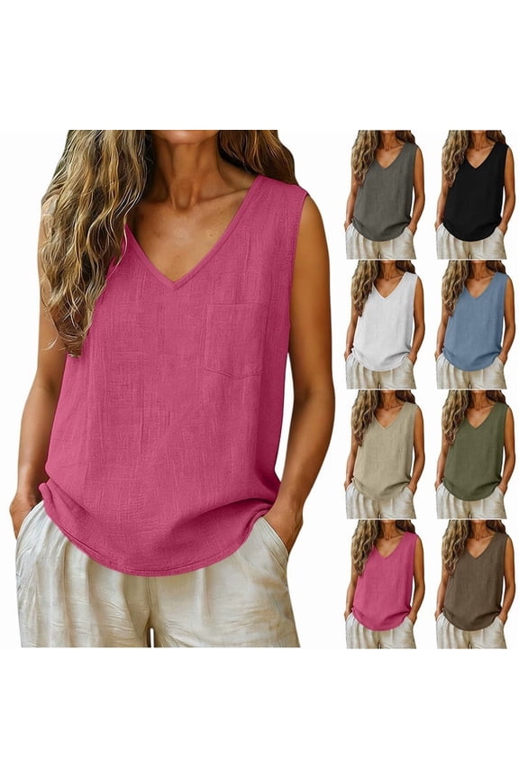 Womens Cotton Linen Tank Tops Summer Fashion V-Neck Sleeveless Shirts with Pocket Casual Solid Loose Blouse Tops for Women 2026