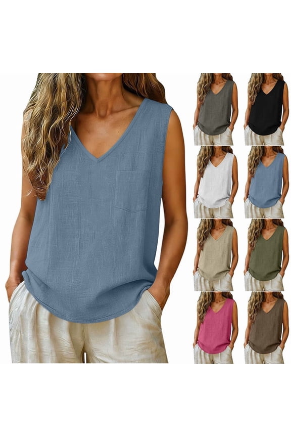 Womens Cotton Linen Tank Tops Summer Fashion V-Neck Sleeveless Shirts with Pocket Casual Solid Loose Blouse Tops for Women 2026