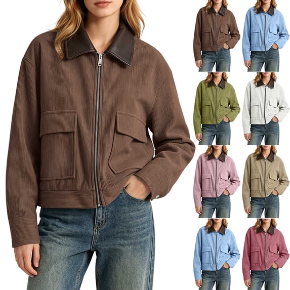 Smsaxvxz Womens Cropped Jacket Casual Corduroy Collar Barn Coat Lightweight Utility Zip Up Baseball Jacket with Pockets Coffee S