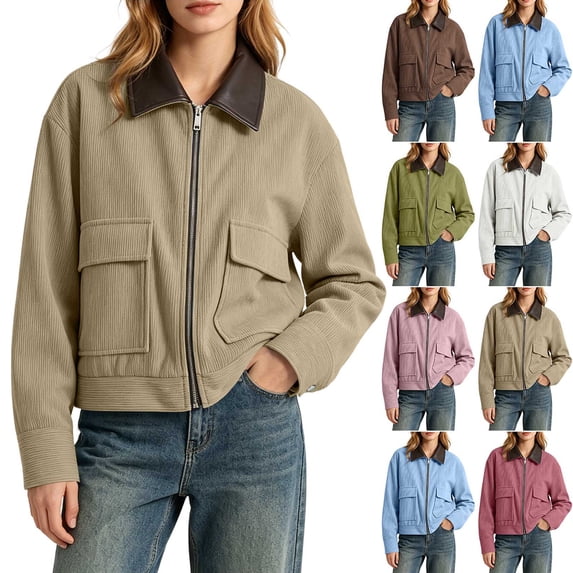 Smsaxvxz Womens Cropped Jacket Casual Corduroy Collar Barn Coat Lightweight Utility Zip Up Baseball Jacket with Pockets Khaki XS