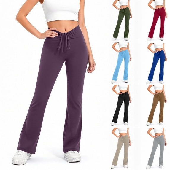 Smsaxvxz Womens Drawstring Tie Flared Yoga Pants Casual High Waist Workout Yoga Pants Purple L