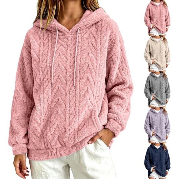 Smsaxvxz Womens Fleece Pullover Oversized Sweater Fluffy Warm Hoodies Sweatshirt Casual Winter Tops Pink 2XL