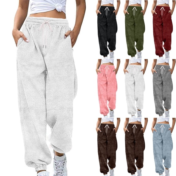 Smsaxvxz Womens Fuzzy Pants Winter Warm High Waist Drawstring Fleece Sweatpants Fashion Casual Jogger with Pockets White XL
