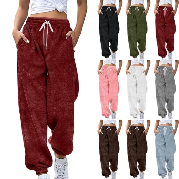 Smsaxvxz Womens Fuzzy Pants Winter Warm High Waist Drawstring Fleece Sweatpants Fashion Casual Jogger with Pockets Wine XL