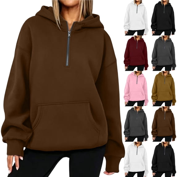 Smsaxvxz Womens Hoodies Soft Half Zipper V Neck Long Sleeve Sweatshirts With Pocket 2026 Fall Winter Fashion Oversized Clothes Brown XL