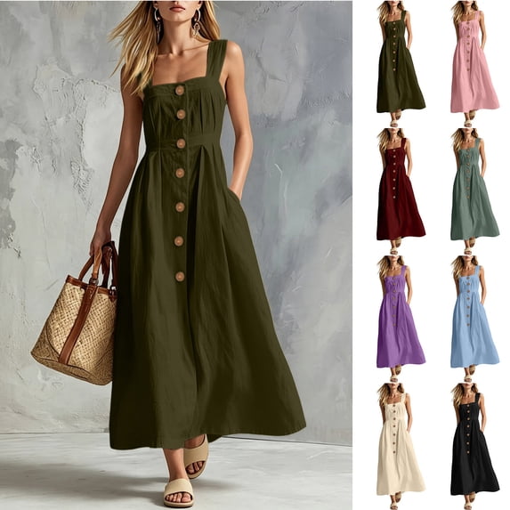 Smsaxvxz Womens Maxi Summer Tank Dresses Fashion Square Neck Sleeveless Button Down Casual Solid Loose Beach Vacation Sundress Army Green S